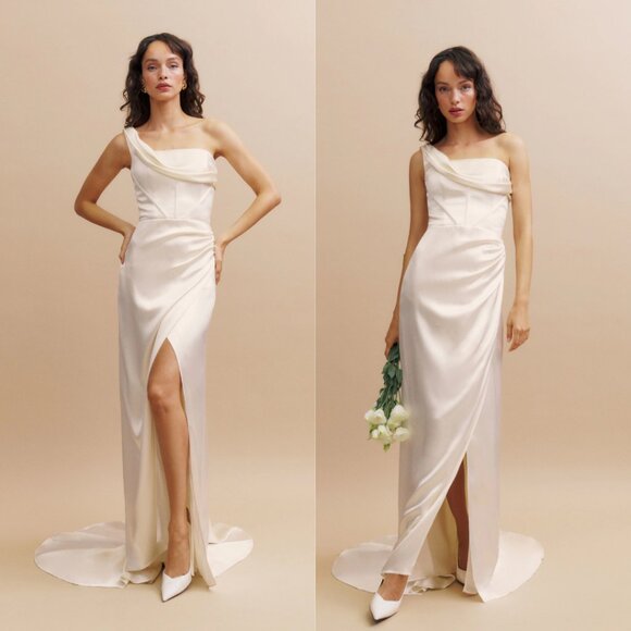 Reformation Eisa Bridal Silk Maxi Dress Sz 4 in Ivory Asymmetric One Shoulder - Picture 2 of 10